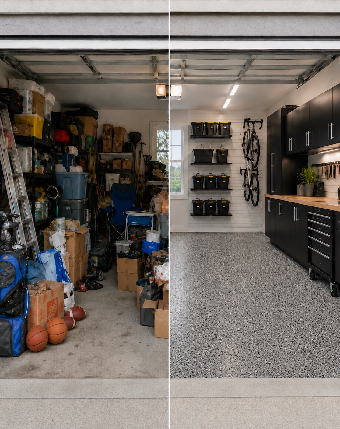 The same garage before and after: packed floor to
                     ceiling with boxes, bins and a ladder on the left;
                     cleared, with wall storage, cabinetry, a bike rack and
                     a coated floor on the right.