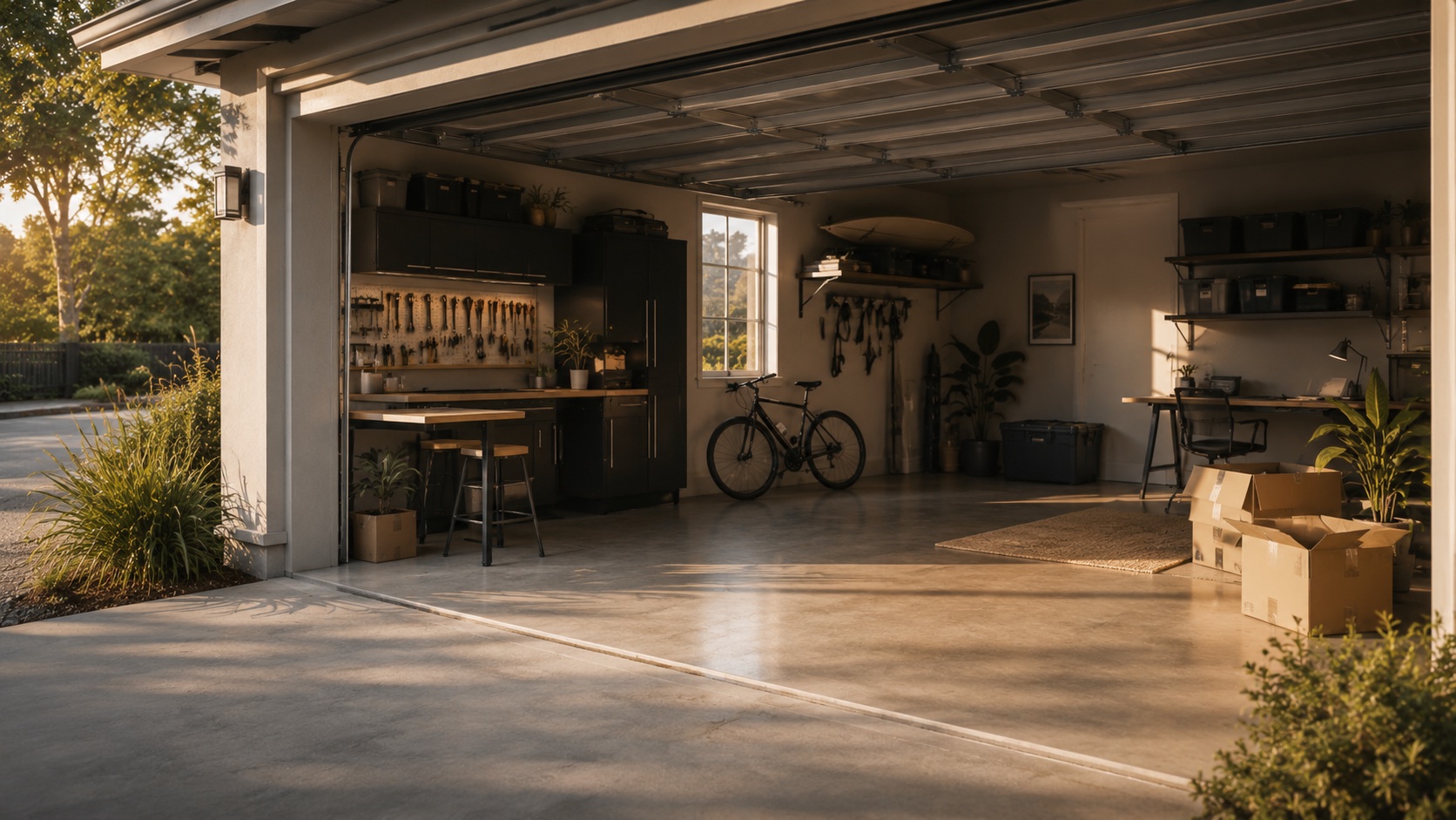 An open two-car garage at golden hour, finished as a workshop
             and office: a tool wall, butcher-block bench, stools, a bike,
             plants and a desk, with the driveway in the foreground.