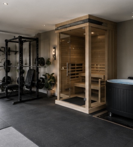 A converted garage with a squat rack, weights, a cedar
                     sauna cabin and a cold plunge tub.