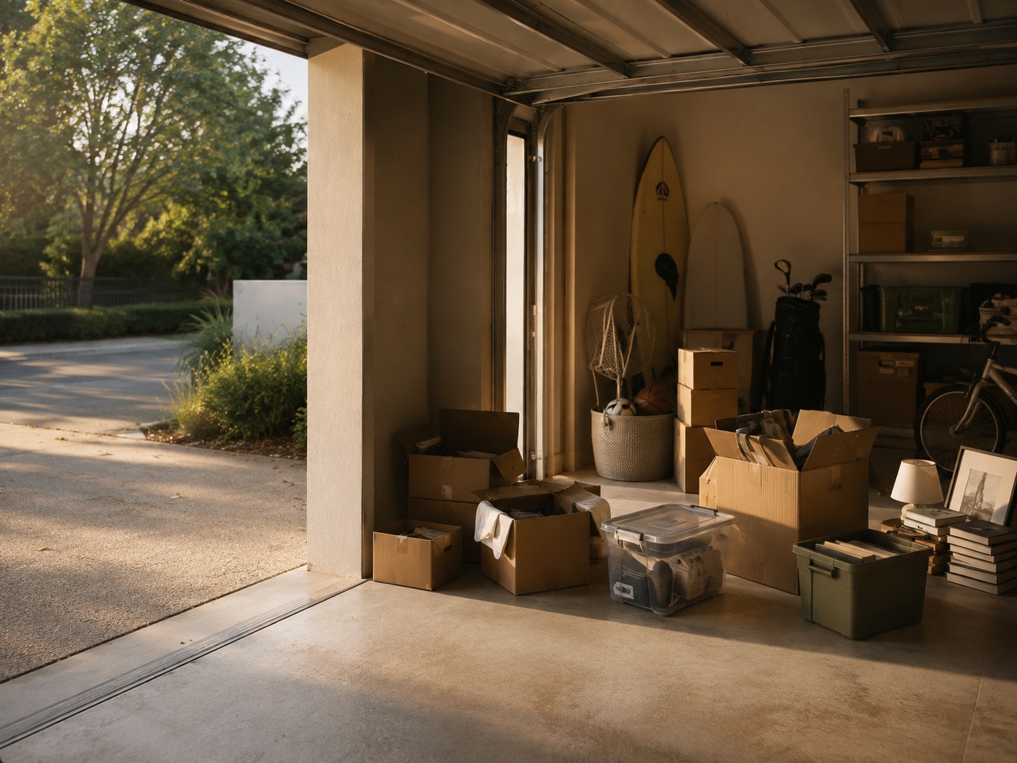 An open garage at golden hour: cardboard boxes, storage
                 bins, a surfboard, golf clubs and stacked books filling
                 the bay, with the driveway and street beyond.